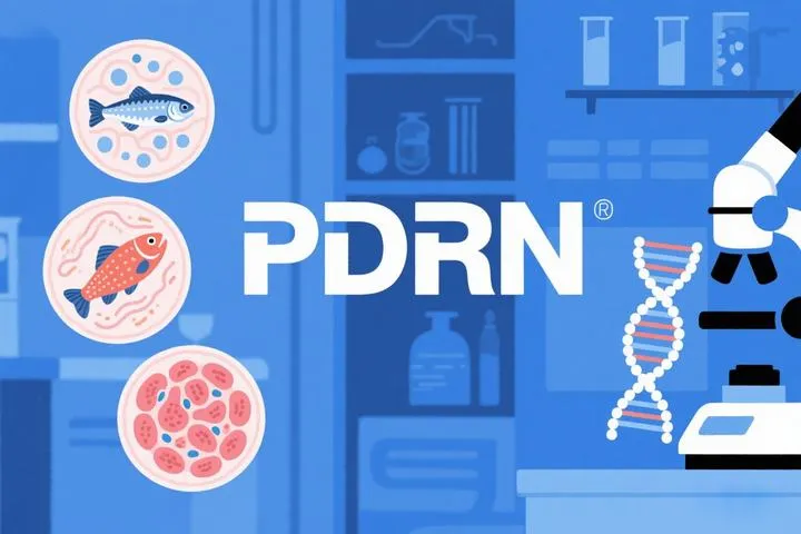 Illustration of PDRN featuring fish, cells, and laboratory equipment.